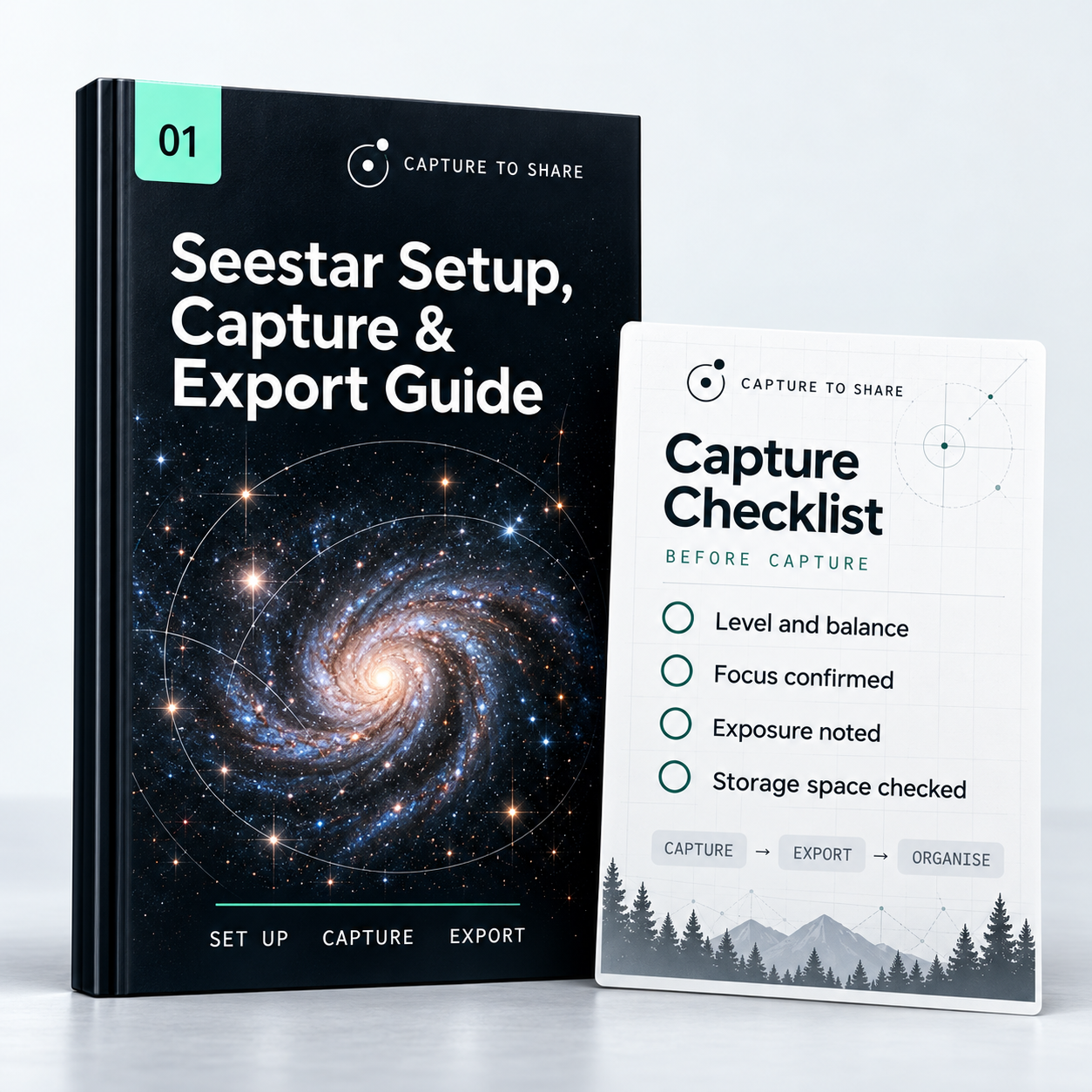 Seestar Setup, Capture & Export Guide — guide cover and included materials
